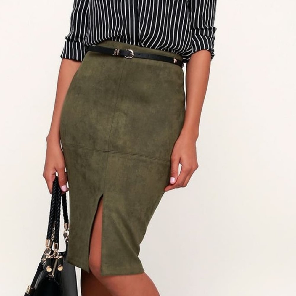 Suede olive green pencil skirt